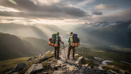 Hikers with backpacks on the trail in the mountains at sunriseの素材