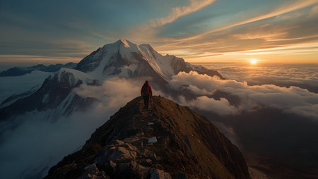 Hiker on the top of a mountain at sunset in Himalayas, Nepalの素材