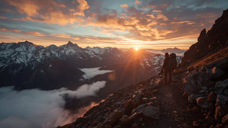 Hiking couple in Himalaya mountains at sunset. Man and woman hiker in Himalayas.の素材