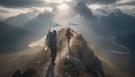 Trekking in the mountains with a backpack and a tent.の素材