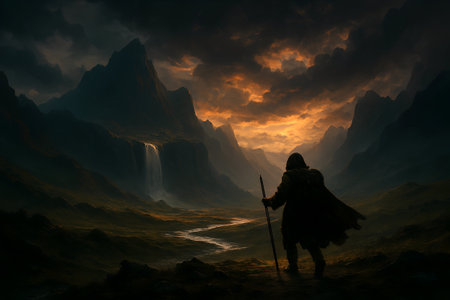 Fantasy landscape with a viking warrior. 3d illustration.の素材