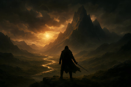 Warrior in the mountains. Fantasy landscape. 3D rendering.の素材
