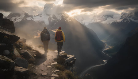 Hiking couple in Cordillera Blanca, Peru, South Americaの素材