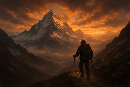 Hiker in Himalaya mountains at sunset. 3D Renderingの素材