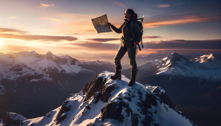 Hiker with map on the top of a mountain at sunset.の素材