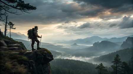 Hiker with a backpack on the edge of a cliff and watching over the misty valley.の素材