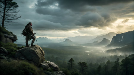 Hiker with backpack standing on top of a rock and watching the misty valley.の素材