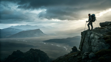 Hiker with backpack and trekking poles standing on the edge of a cliff.の素材