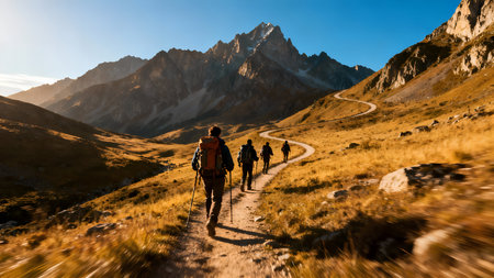 Hikers on the trekking path in the high mountains of the Caucasus.の素材