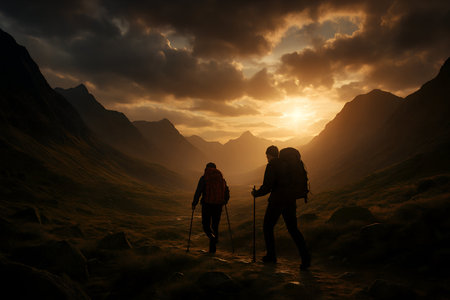 Hiking couple in the mountains at sunset.3d rendering.の素材
