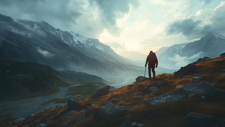 Hiker with trekking poles in the mountains. 3d renderingの素材