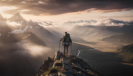 Hiker on the top of a mountain with a backpack and trekking polesの素材