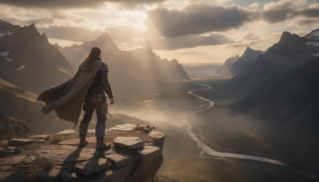 A young woman is standing on a rock in the mountains and enjoying the view of the valleyの素材