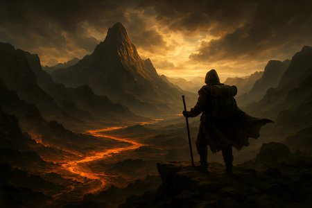 Fantasy landscape with a warrior in the middle of the ravineの素材