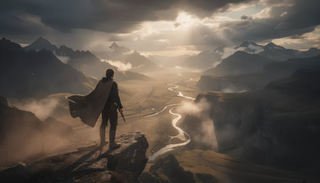 A man with a gun in his hand looks at the mountains.の素材