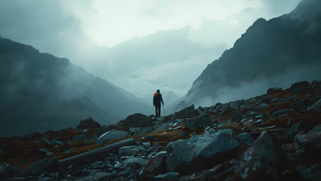 Hiker in Himalayas, Manali, Himachal Pradesh, Indiaの素材