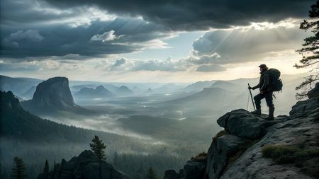 Photographer with camera and tripod on top of rock. Dreamy misty valleyの素材