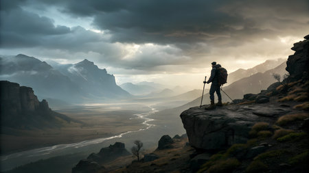 Silhouette of a man with a backpack and trekking poles against the backdrop of the mountains.の素材