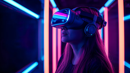 Young woman playing with virtual reality headset in dark room with neon lightsの素材