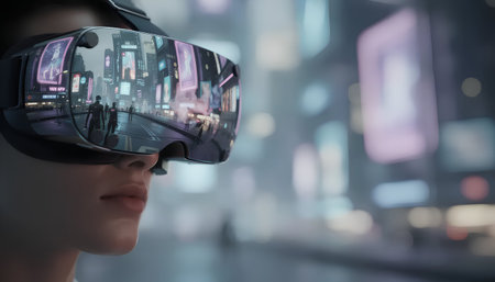 Woman using virtual reality headset against blurry buildings in city at night 3dの素材