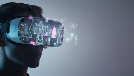 Young man wearing virtual reality goggles with media icons on screen 3D renderingの素材