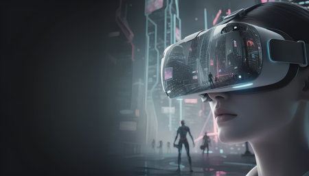Woman wearing virtual reality goggles against 3d render of futuristic cityscapeの素材