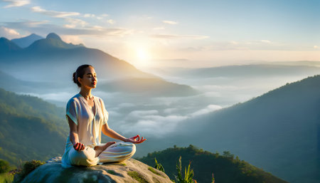 Young woman meditating in lotus pose on mountain peak at sunrise.の素材