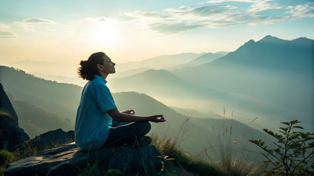 Man meditating on the peak of mountain at sunrise, yoga conceptの素材