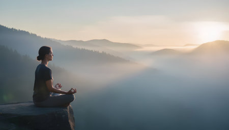 Young woman meditating on the top of a mountain during sunrise.の素材