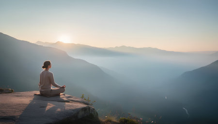 Young woman meditating on the top of a mountain in the morningの素材