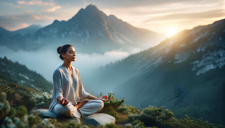Woman meditating in lotus pose on top of mountain at sunsetの素材