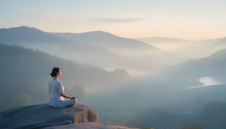 Young woman meditating in lotus position on top of a mountain during sunriseの素材