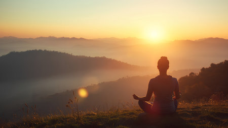 Woman meditating in lotus position on the top of mountain at sunriseの素材