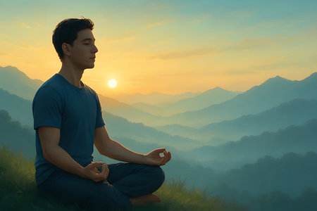 Man meditating in lotus position on top of mountain at sunriseの素材