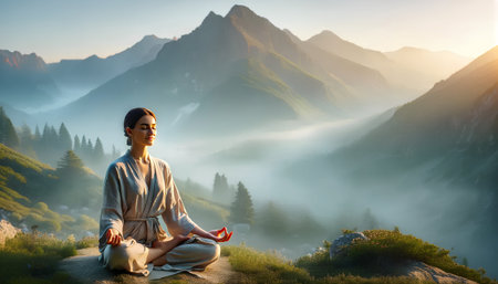 Young woman meditating in lotus position on top of mountain.の素材