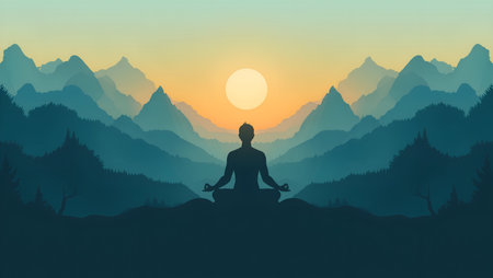 Silhouette of yoga man meditating in lotus position with mountain background.の素材