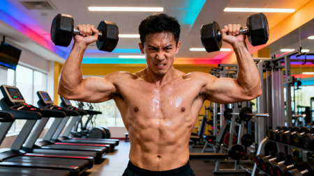 Asian man working out with dumbbells in fitness gym. Healthy lifestyle concept.の素材