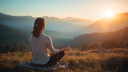 Young woman meditating in lotus position on top of mountain at sunsetの素材