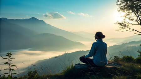 Young woman meditating in lotus position on top of mountain at sunriseの素材