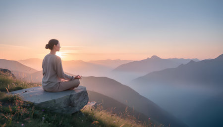 Young woman meditating in lotus position on top of a mountain during sunriseの素材