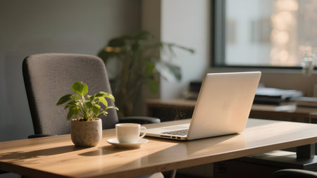 Laptop and coffee cup on wooden table in office, stock photoの素材