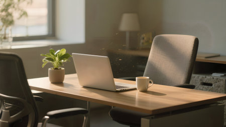 Laptop and coffee cup on table in modern office. Workplace conceptの素材