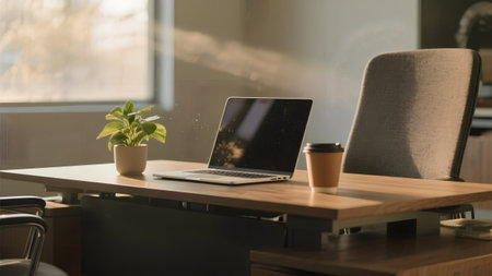 Laptop and coffee cup on wooden desk in modern office. Work from home concept.の素材