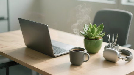 Laptop and coffee cup on wood desk in modern office. Work from home concept.の素材