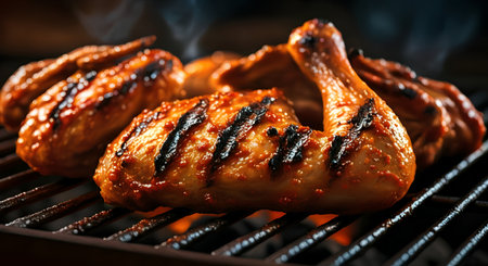 Grilled chicken legs on a barbecue grill with smoke, close upの素材