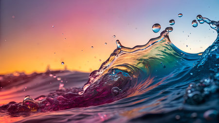 splashes and drops of water on a background of the setting sunの素材