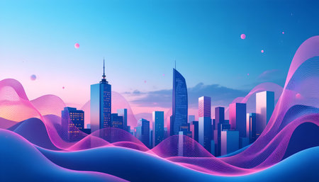 Modern city skyline with skyscrapers and colorful clouds. Vector illustration.の素材