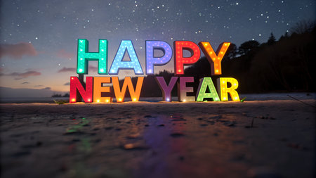 Happy New Year greeting card. Colorful letters on the background of the night skyの素材