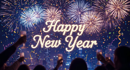 Happy New Year written with Sparkle firework over night cityscape backgroundの素材