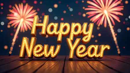 Happy New Year background with glowing sign and fireworks. 3D renderingの素材